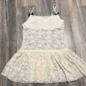 Cream Lace Mini Dress with Bow-Strap Detail